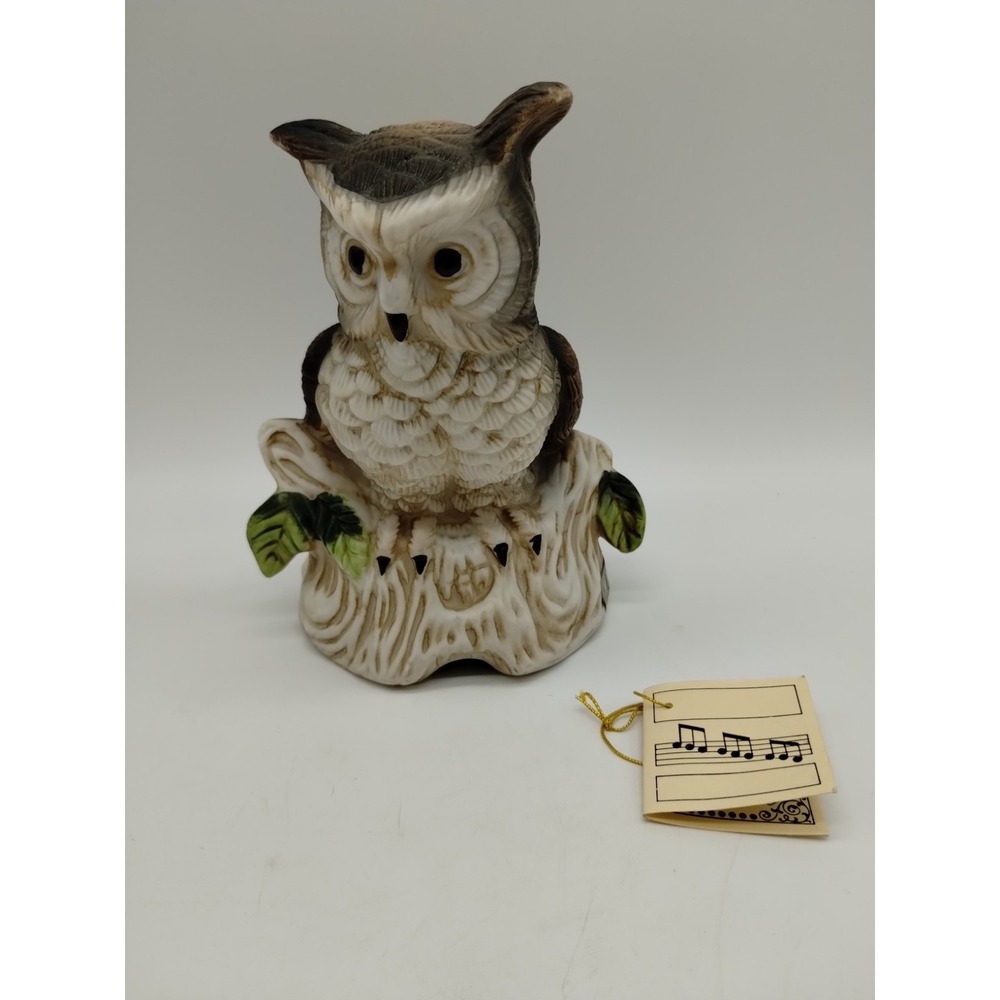 Vintage Flambro Porcelain Owl Music Box Tie A Yellow Ribbon Round The Ole Oak